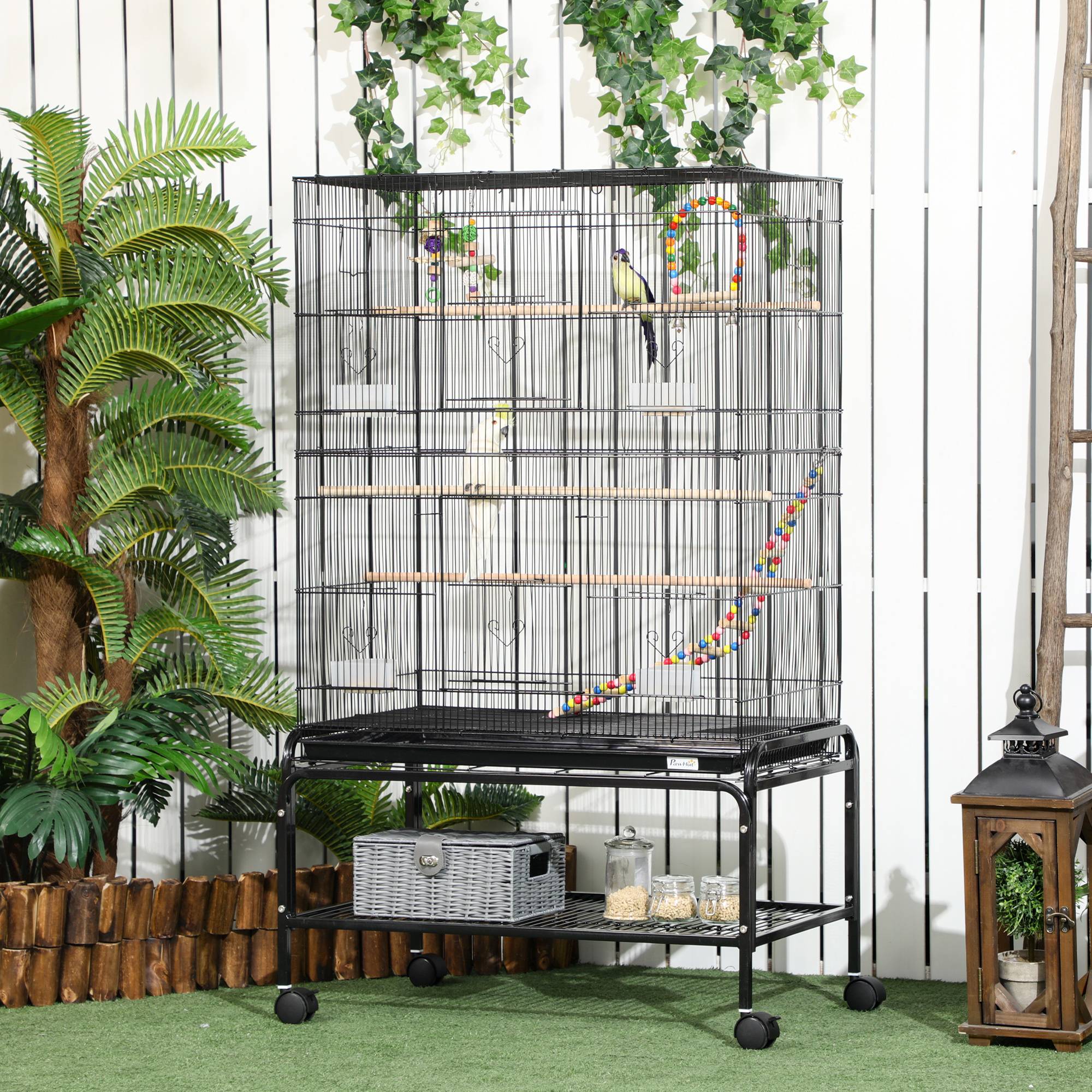 Sans Marque - Volière à oiseaux sur roulettes 79 x 49 x 133 cm en métal avec 4 mangeoires, 3 perchoirs et jouets pour perruches, noire - Image 3