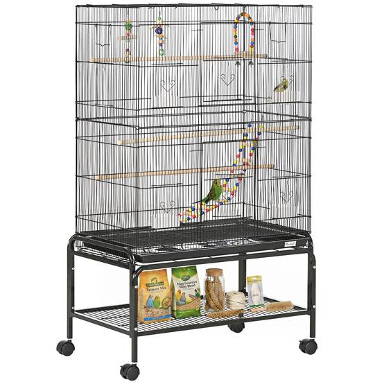 Sans Marque - Volière à oiseaux sur roulettes 79 x 49 x 133 cm en métal avec 4 mangeoires, 3 perchoirs et jouets pour perruches, noire - Image 1