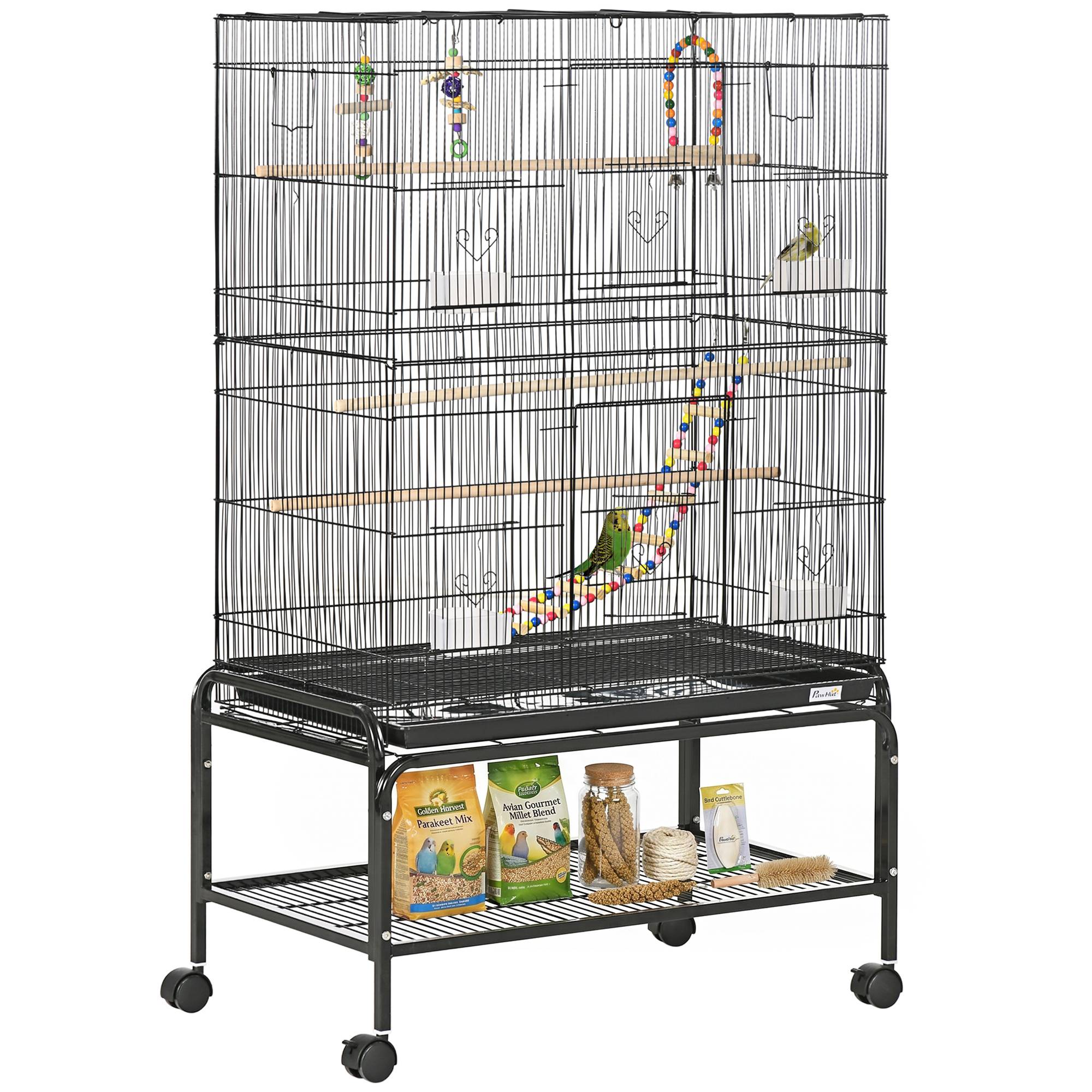 Sans Marque - Volière à oiseaux sur roulettes 79 x 49 x 133 cm en métal avec 4 mangeoires, 3 perchoirs et jouets pour perruches, noire - Image 1