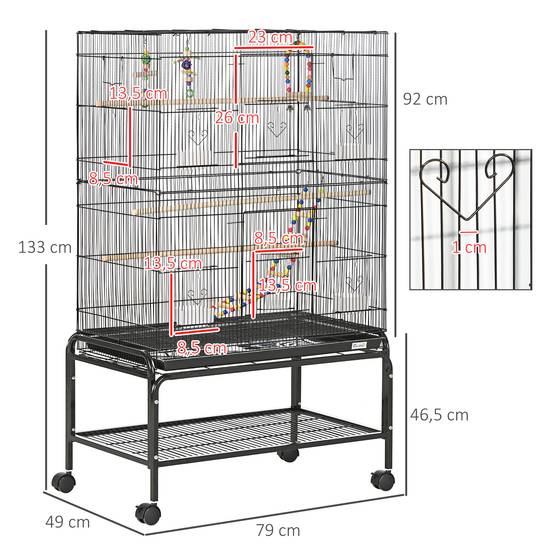 Sans Marque - Volière à oiseaux sur roulettes 79 x 49 x 133 cm en métal avec 4 mangeoires, 3 perchoirs et jouets pour perruches, noire - Image 5