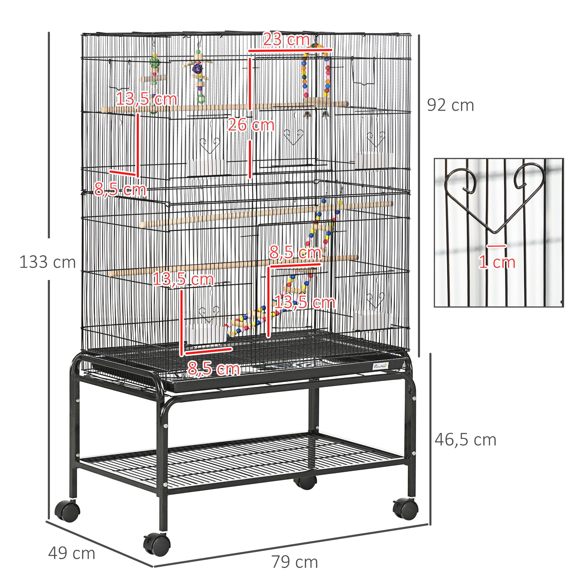 Sans Marque - Volière à oiseaux sur roulettes 79 x 49 x 133 cm en métal avec 4 mangeoires, 3 perchoirs et jouets pour perruches, noire - Image 5