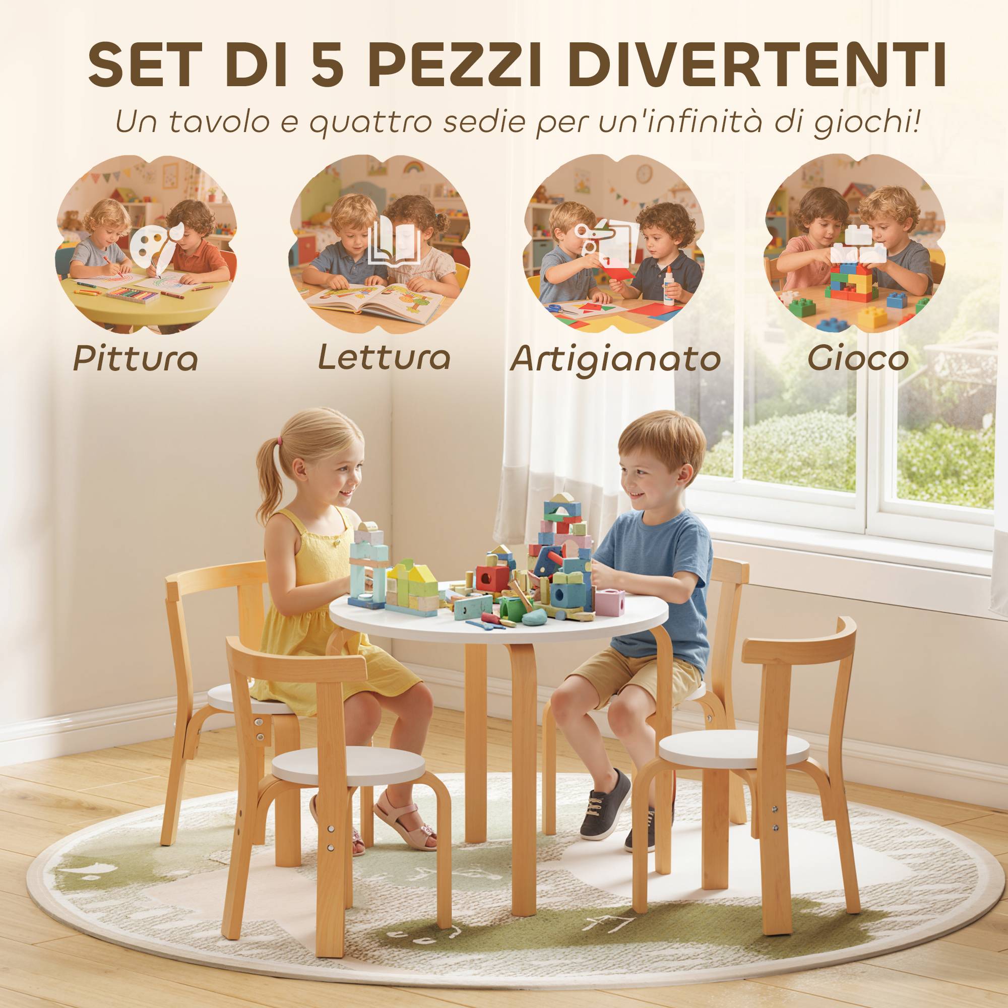 Ensemble table et chaises enfant 3-8 ans 5 pièces bords arrondis bois, blanc - Image 6