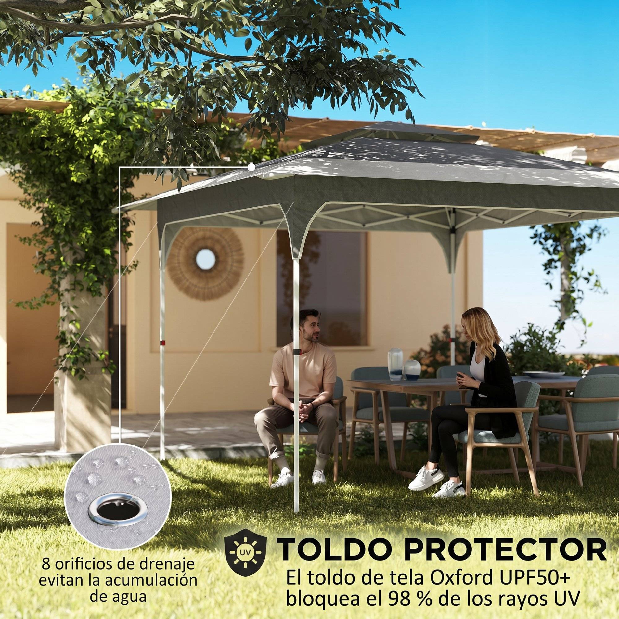 Tente pliante pop-up 3,5 x 3,5 m avec 3 niveaux de hauteur réglables, double toit, fermeture centrale et sac de transport, protection UPF50+ grise - Image 6
