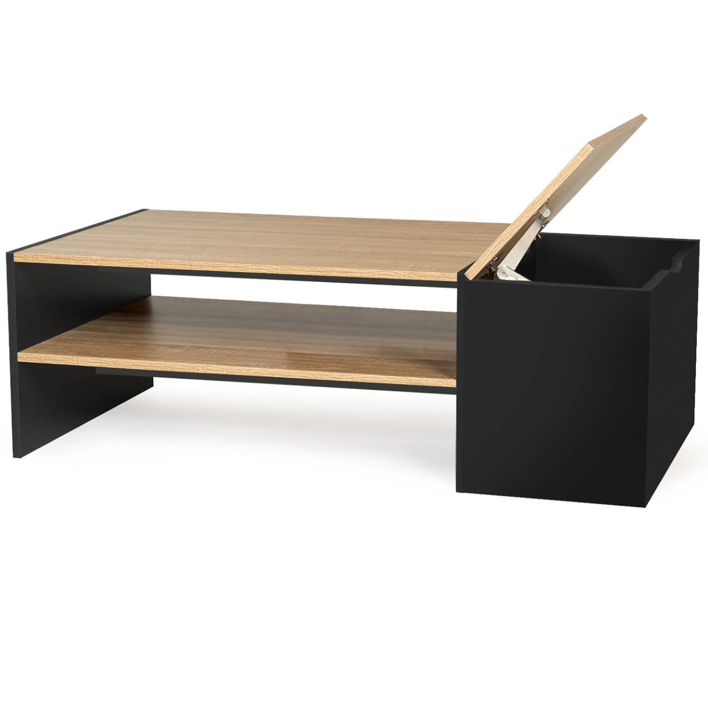 Table basse bar contemporaine rectangulaire IZIA avec coffre noir et plateaux bois - Image 2