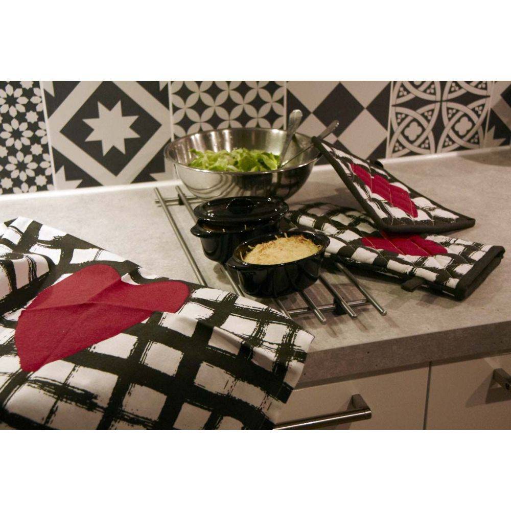 Aubry Gaspard - Torchon de cuisine en coton (Lot de 2) Coeur noir blanc rouge - Image 3