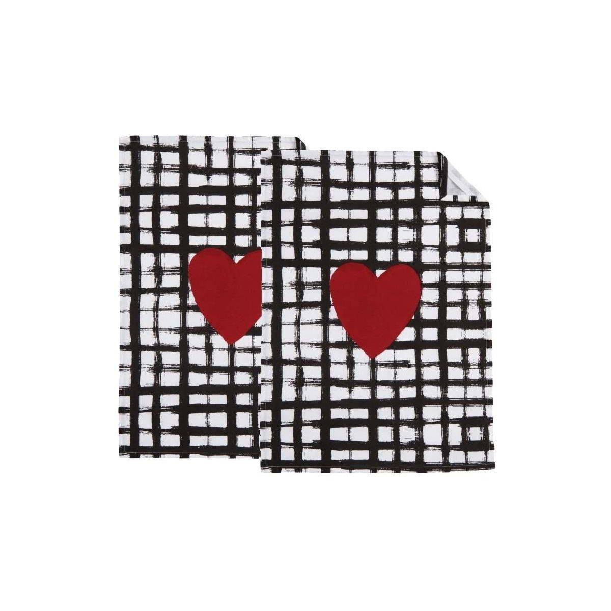 Aubry Gaspard - Torchon de cuisine en coton (Lot de 2) Coeur noir blanc rouge - Image 1