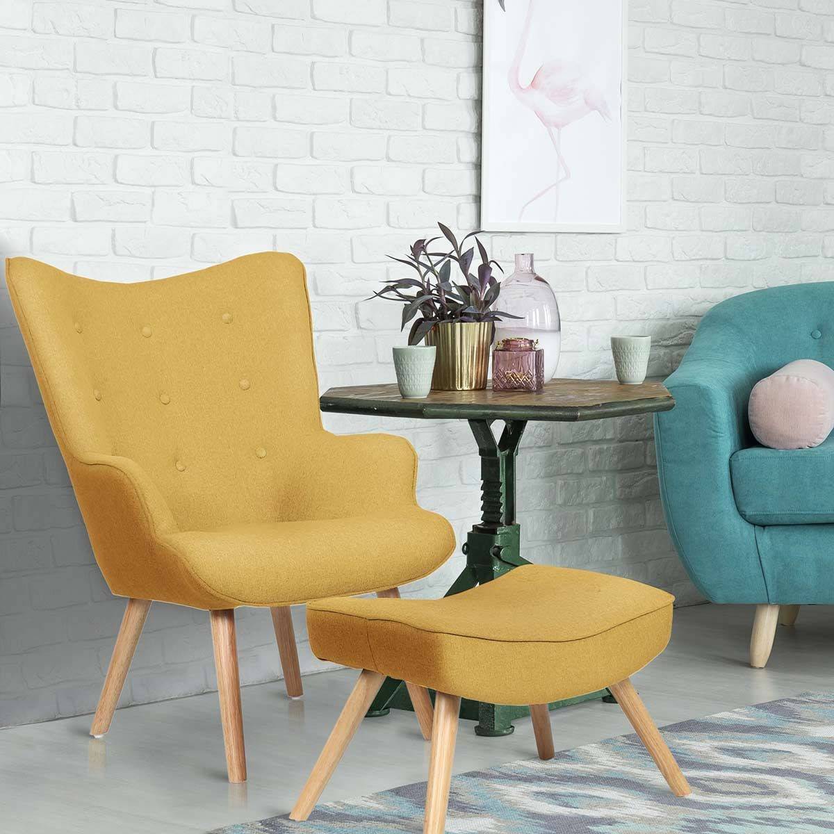 Fauteuil & Pouf Scandinave "Orle" 98cm Jaune - Image 2