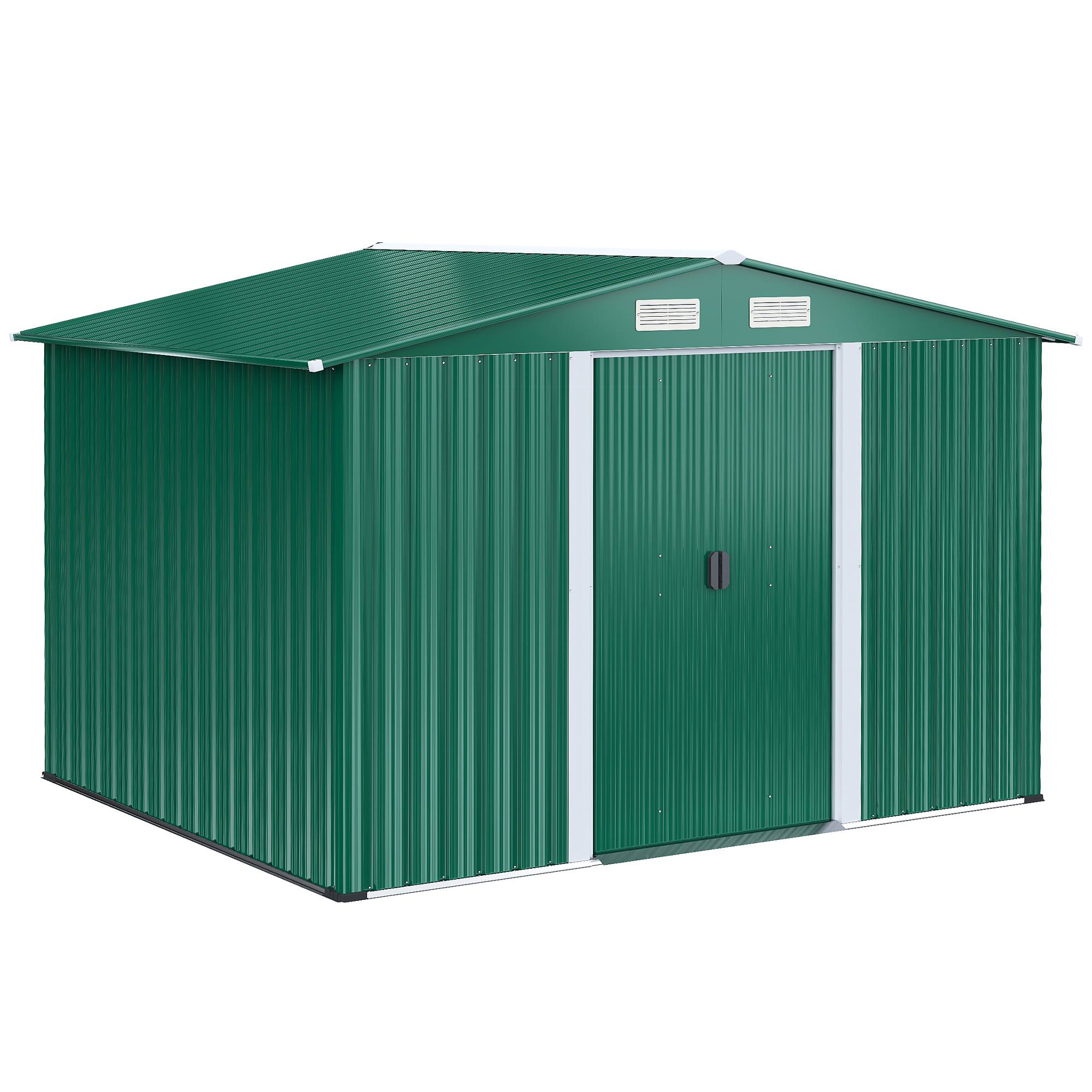 Abri de jardin tôle acier 258x206x178 cm avec base et portes coulissantes, cabanon extérieur vert - Image 1