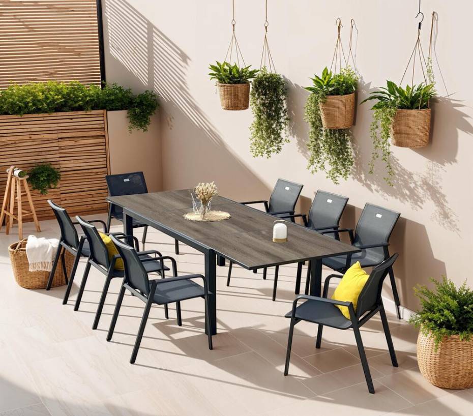 Ozalide - Ensemble table et chaises de jardin 8 places Gris Anthracite GUETHARY PSPC chêne brun - Image 1