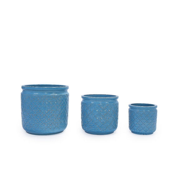Lot de 3 Pots de Fleurs Céramique Intérieur Extérieur avec Drainage Bleu Antique - ComfortXL Outdoor Living - Image 2