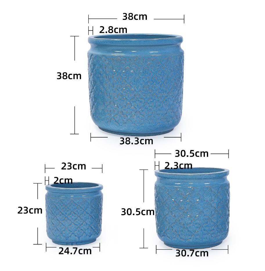 Lot de 3 Pots de Fleurs Céramique Intérieur Extérieur avec Drainage Bleu Antique - ComfortXL Outdoor Living - Image 3