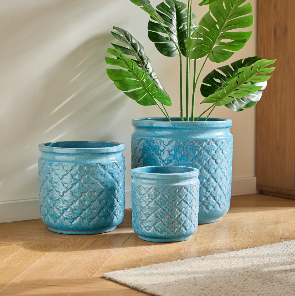 Lot de 3 Pots de Fleurs Céramique Intérieur Extérieur avec Drainage Bleu Antique - ComfortXL Outdoor Living