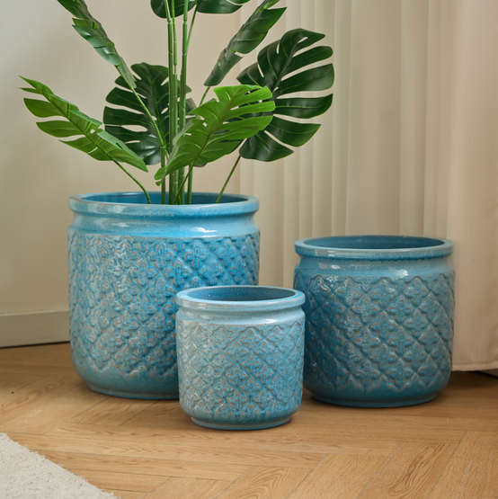 Lot de 3 Pots de Fleurs Céramique Intérieur Extérieur avec Drainage Bleu Antique - ComfortXL Outdoor Living - Image 8