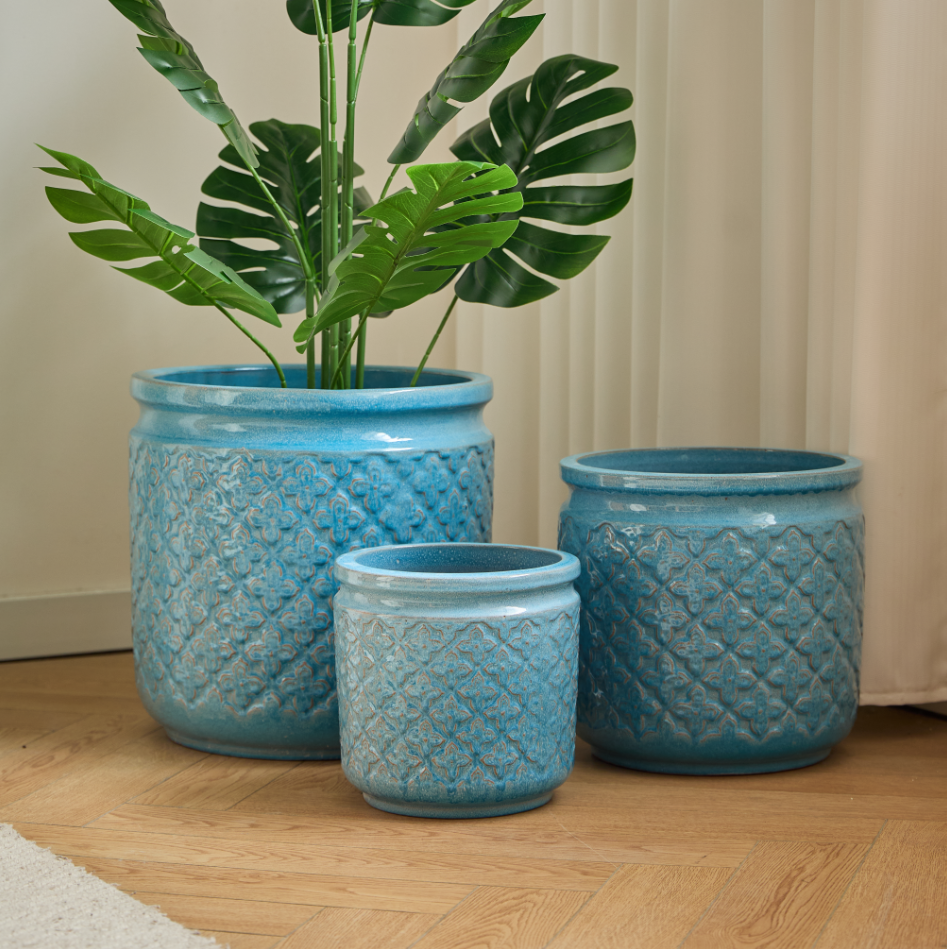 Lot de 3 Pots de Fleurs Céramique Intérieur Extérieur avec Drainage Bleu Antique - ComfortXL Outdoor Living - Image 8