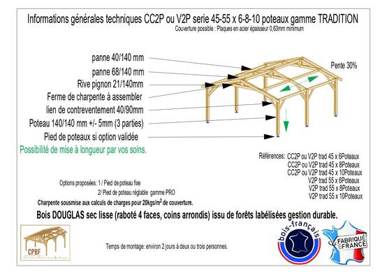 Cpbf Charpentes - Carport bois 2 pentes en bois douglas 36 m², 6 poteaux. Abri voiture extérieur. garantie 10 ans - Image 4