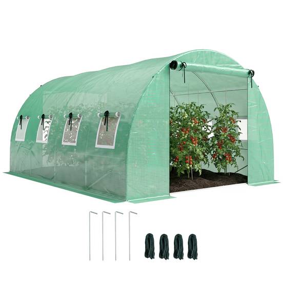 Serre tunnel de jardin 12m², serre de jardin tunnel 295x400x200cm 2 portes et 8 fenêtres bâche PE 140 g/m² vert - Image 1