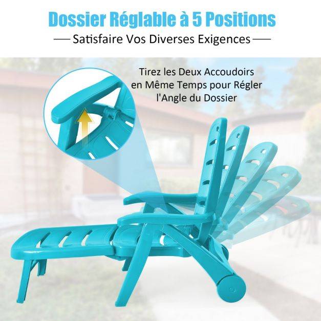 Helloshop26 - Chaise longue pliable dossier inclinable à 5 positions avec roues intégrées pour terrasse jardin piscine 150 kg bleu - Image 4