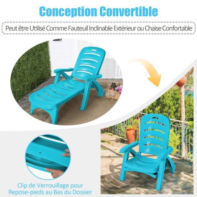 Helloshop26 - Chaise longue pliable dossier inclinable à 5 positions avec roues intégrées pour terrasse jardin piscine 150 kg bleu - Image 5