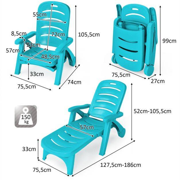 Helloshop26 - Chaise longue pliable dossier inclinable à 5 positions avec roues intégrées pour terrasse jardin piscine 150 kg bleu - Image 8