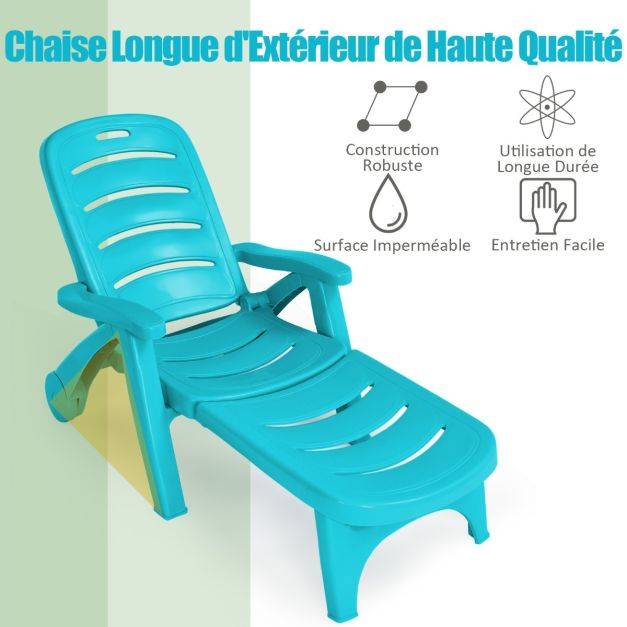 Helloshop26 - Chaise longue pliable dossier inclinable à 5 positions avec roues intégrées pour terrasse jardin piscine 150 kg bleu - Image 6