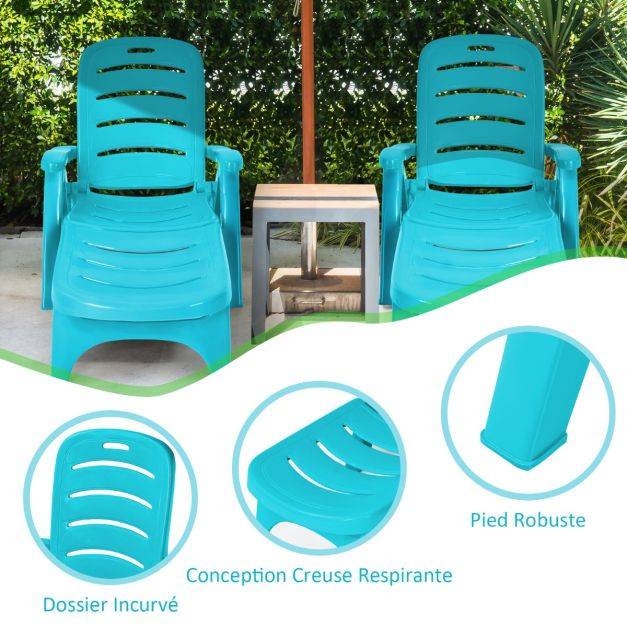Helloshop26 - Chaise longue pliable dossier inclinable à 5 positions avec roues intégrées pour terrasse jardin piscine 150 kg bleu - Image 2