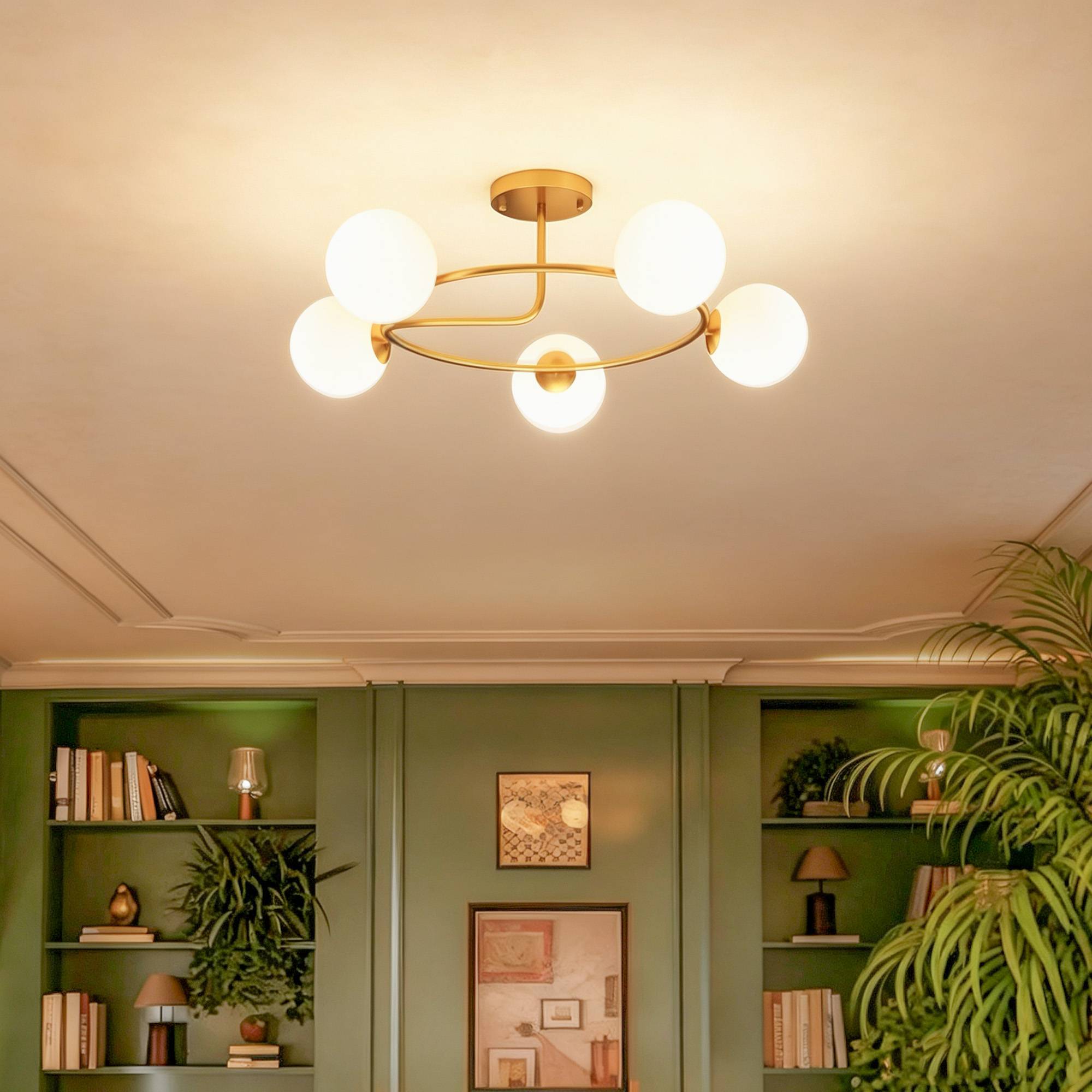 Sans Marque - Plafonnier lustre moderne luminaire plafonnier 5 lumières culot G9 montage semi-affleurant doré blanc - Image 3