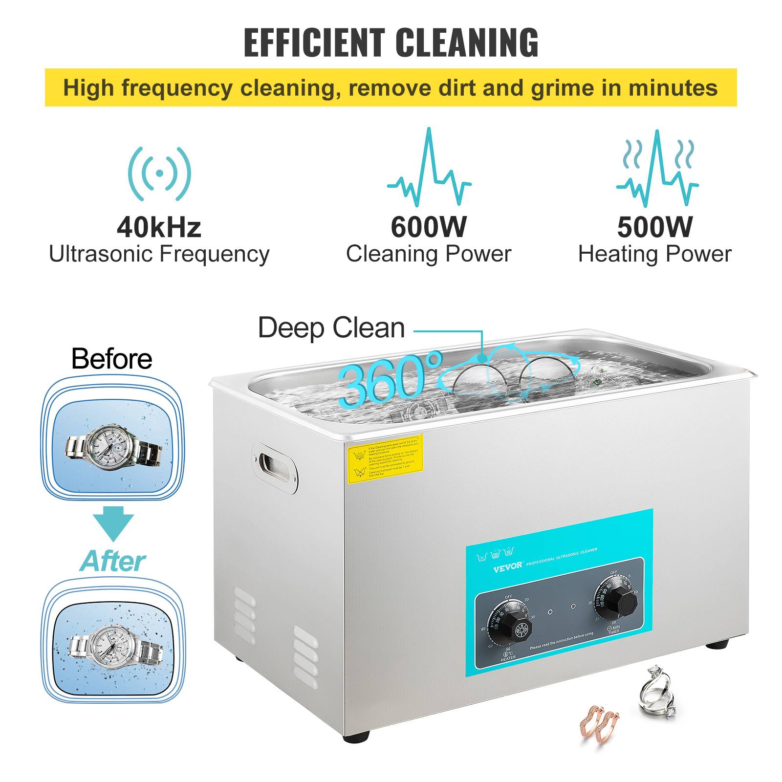 VEVOR Nettoyeur ultrasons 30L avec chauffage et minuterie pour bijoux montres. - Image 3