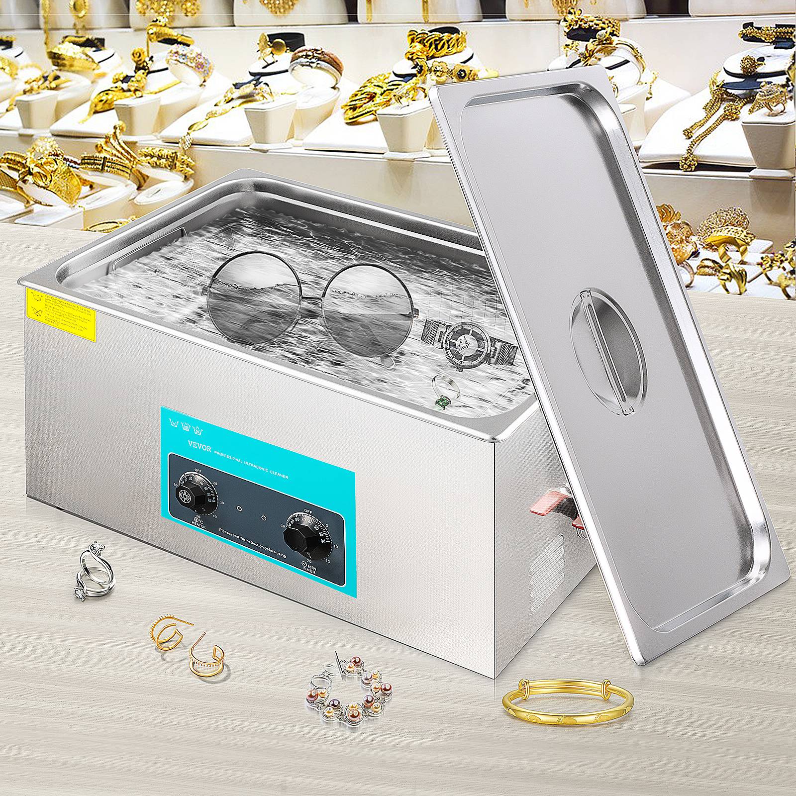 VEVOR Nettoyeur ultrasons 30L avec chauffage et minuterie pour bijoux montres. - Image 8