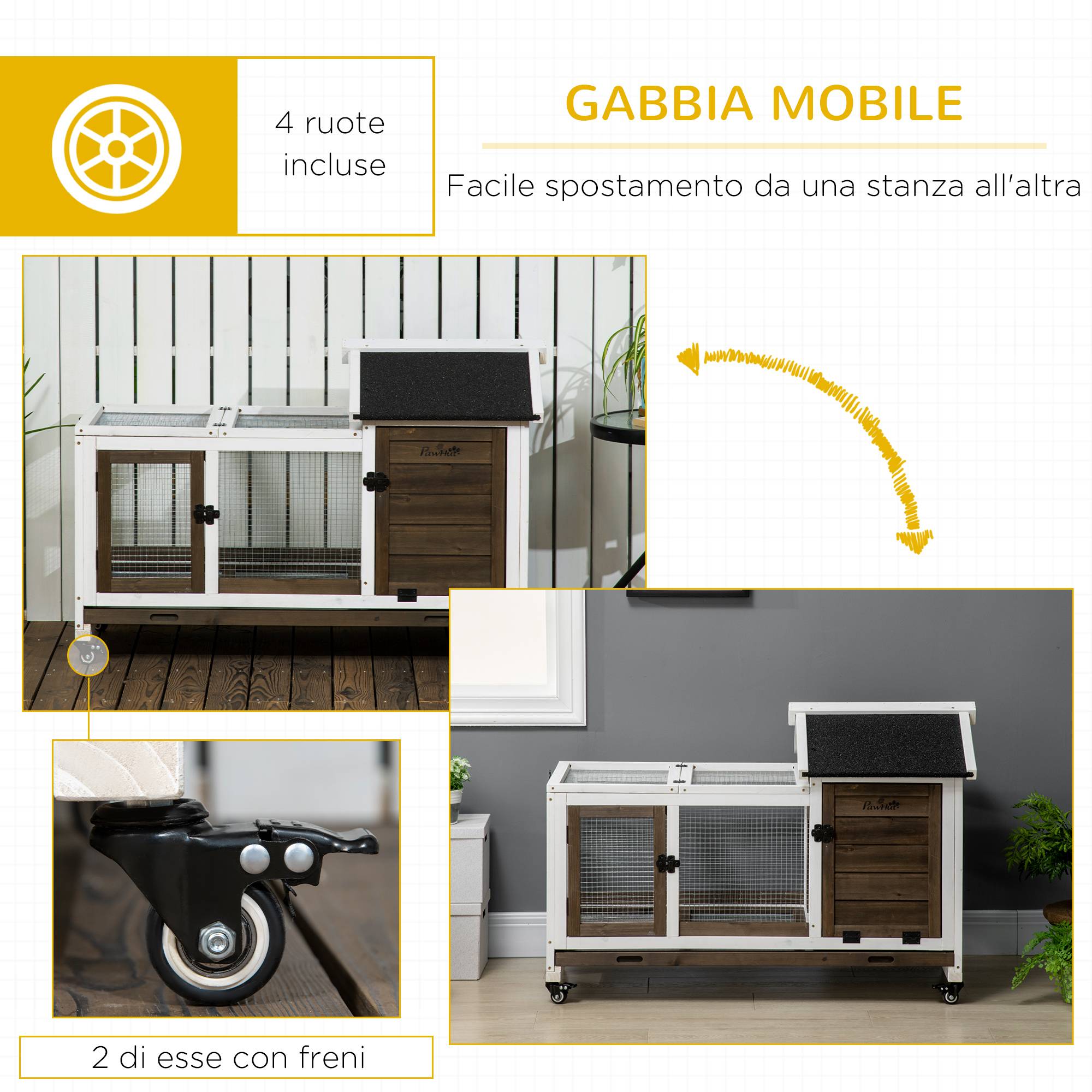 Cage à lapins en bois intérieur et extérieur avec roulettes, niche, toit ouvrant, bac, marron - Image 9