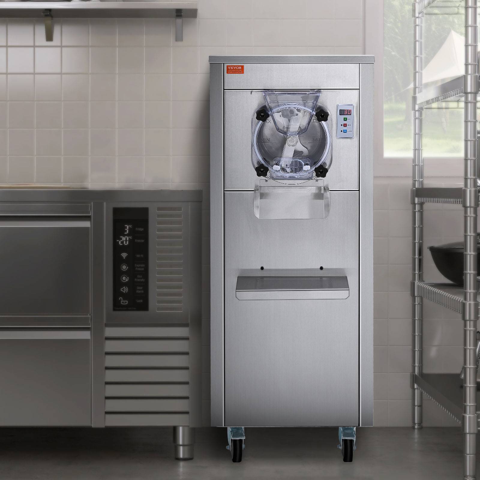 VEVOR Sorbetière commerciale 18 L/h 1600W, cylindre inox 6L, roues, pré-refroidissement auto, panneau LED. - Image 8