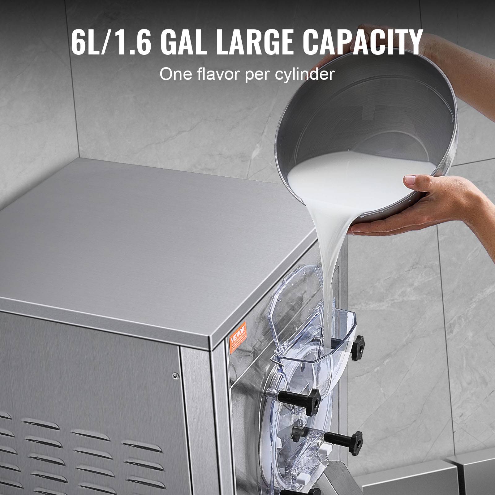 VEVOR Sorbetière commerciale 18 L/h 1600W, cylindre inox 6L, roues, pré-refroidissement auto, panneau LED. - Image 3