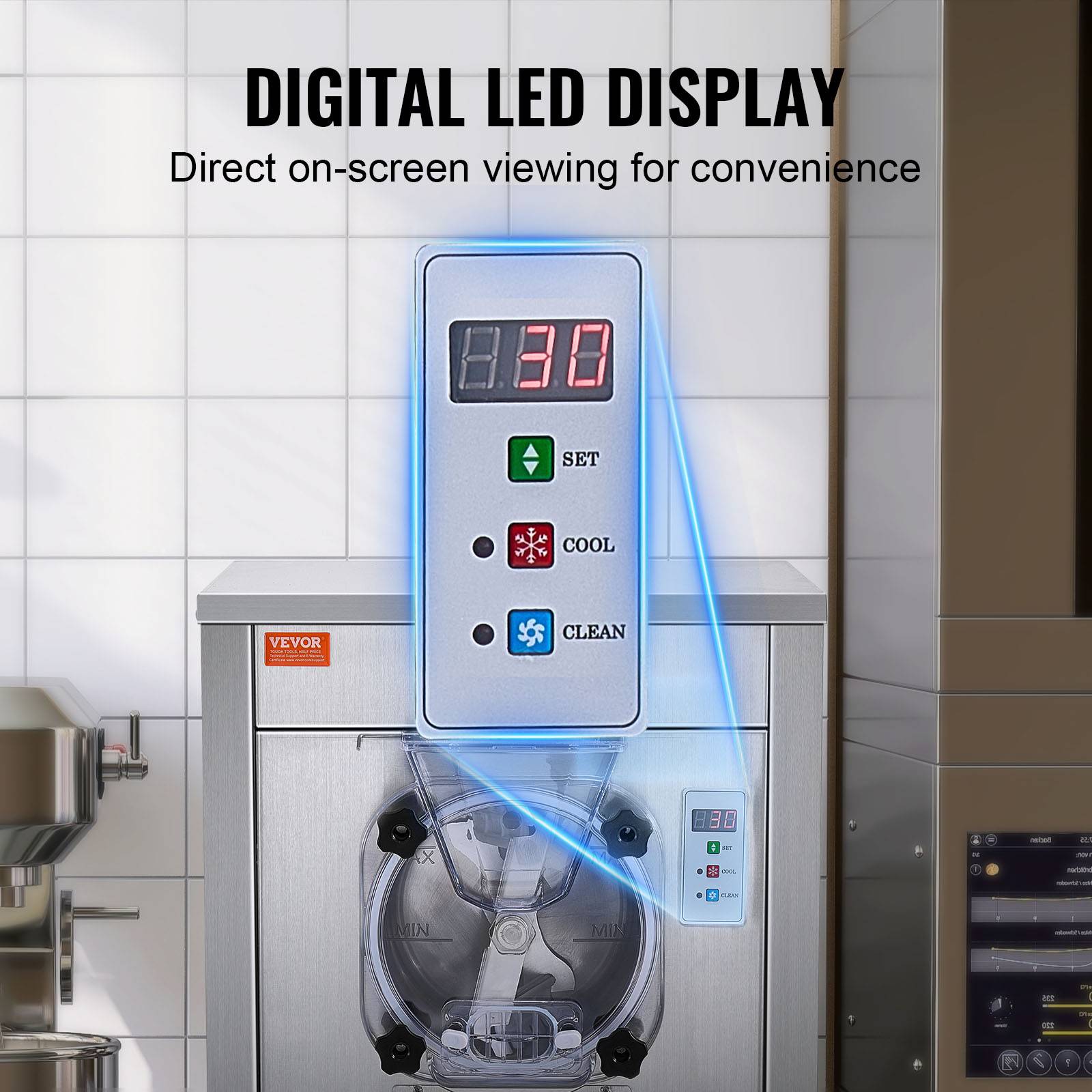 VEVOR Sorbetière commerciale 18 L/h 1600W, cylindre inox 6L, roues, pré-refroidissement auto, panneau LED. - Image 5