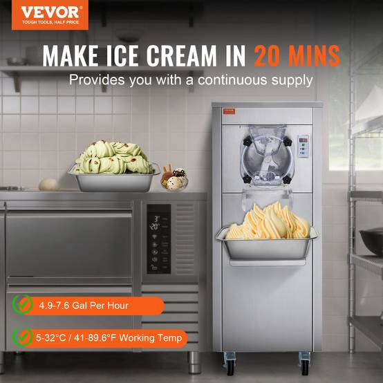 VEVOR Sorbetière commerciale 18 L/h 1600W, cylindre inox 6L, roues, pré-refroidissement auto, panneau LED. - Image 2