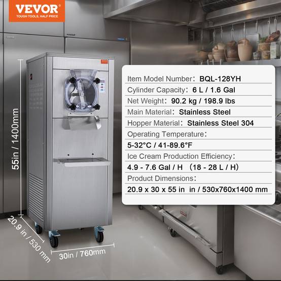 VEVOR Sorbetière commerciale 18 L/h 1600W, cylindre inox 6L, roues, pré-refroidissement auto, panneau LED. - Image 7