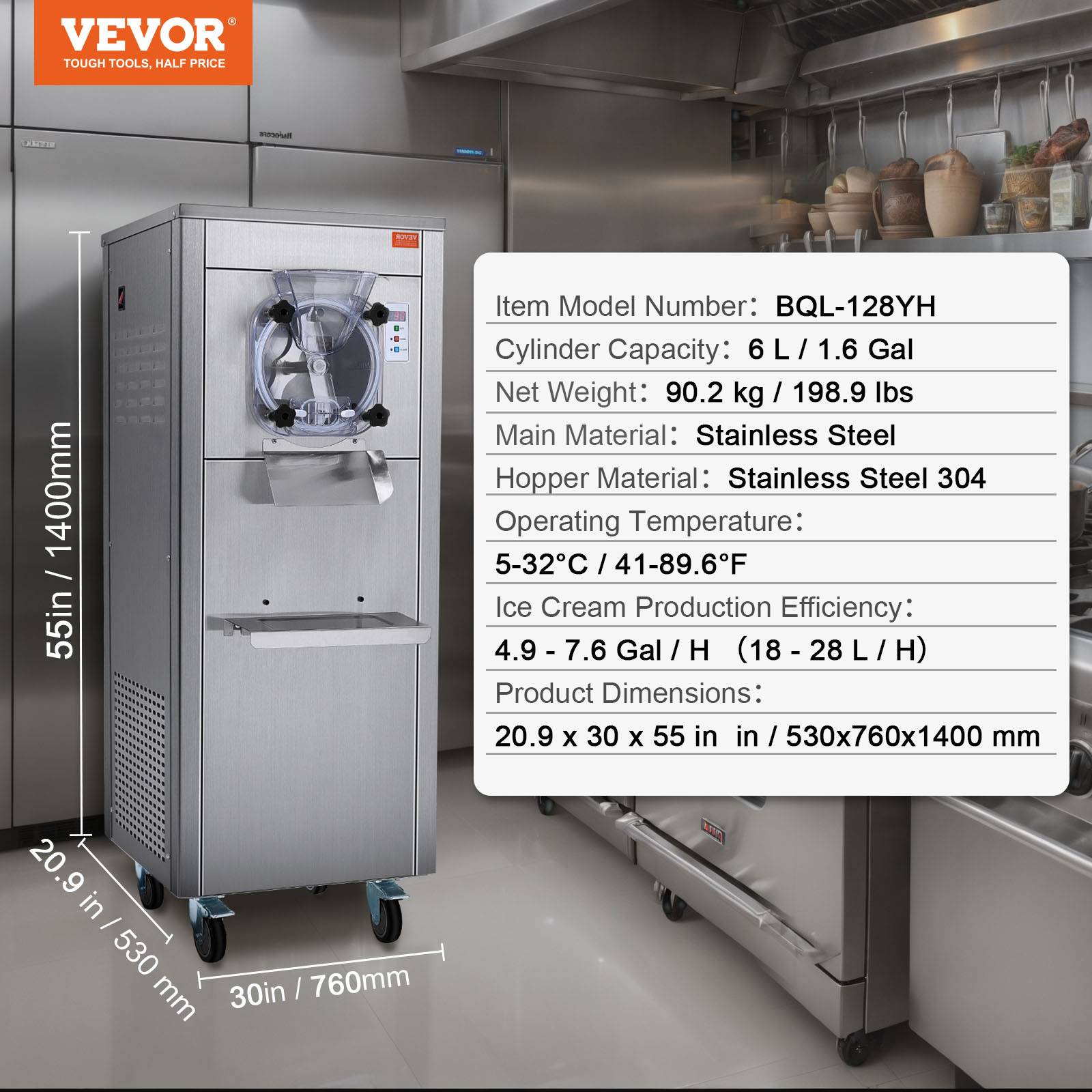 VEVOR Sorbetière commerciale 18 L/h 1600W, cylindre inox 6L, roues, pré-refroidissement auto, panneau LED. - Image 7