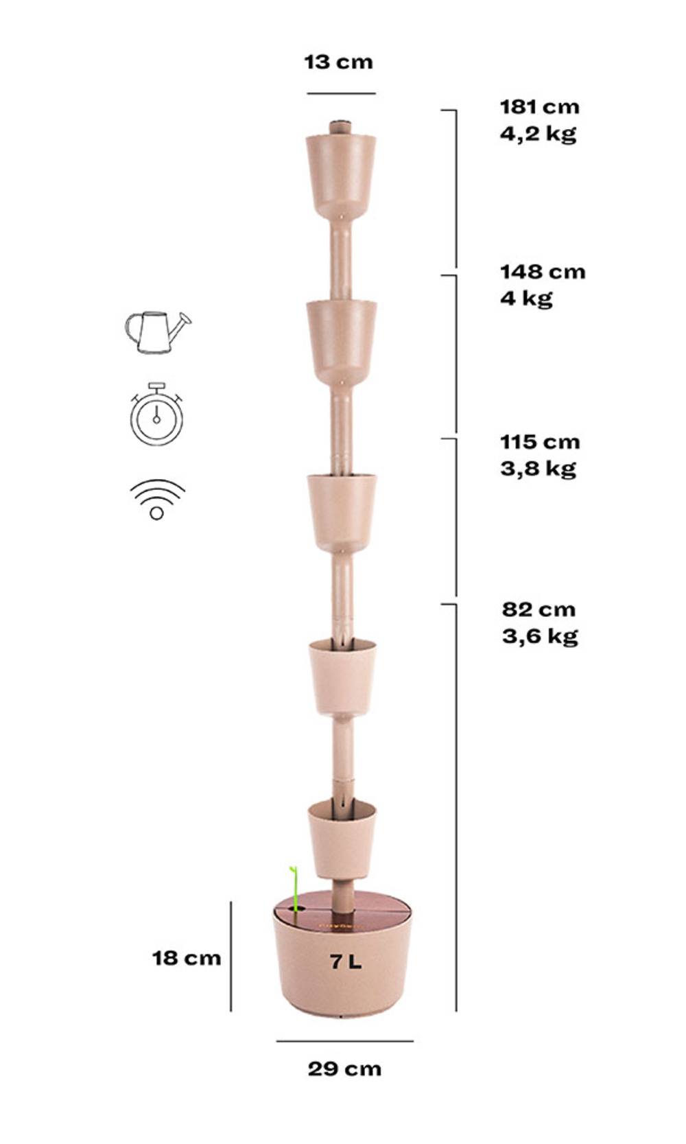 Jardinière verticale CitySens couleur écorce et bois teck avec 3 pots et arrosage manuel - Image 4