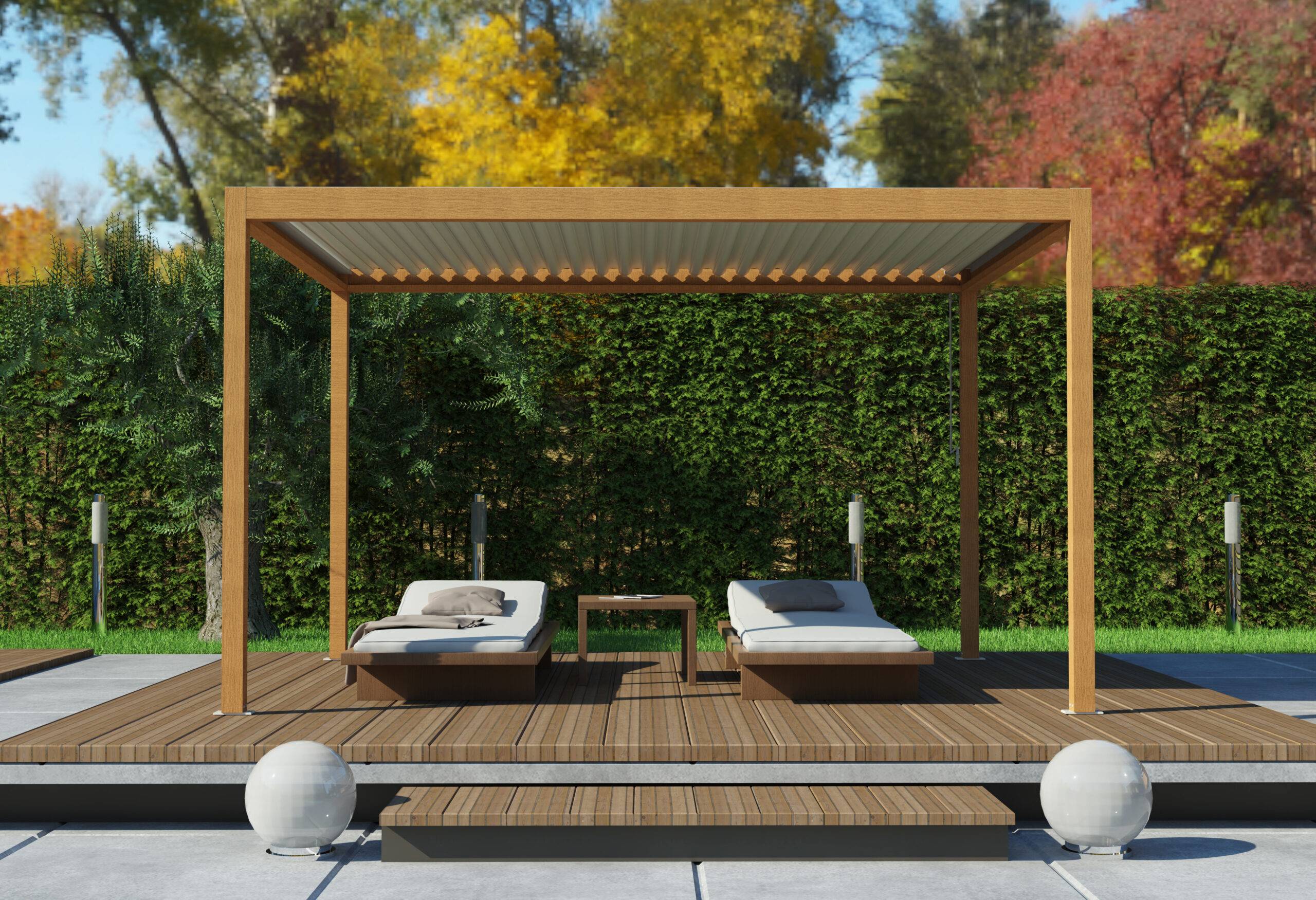 Pergola Bioclimatique Aluminium Autoportante Aspect Bois 4x3 Manuelle S ORIAL France - Image 4