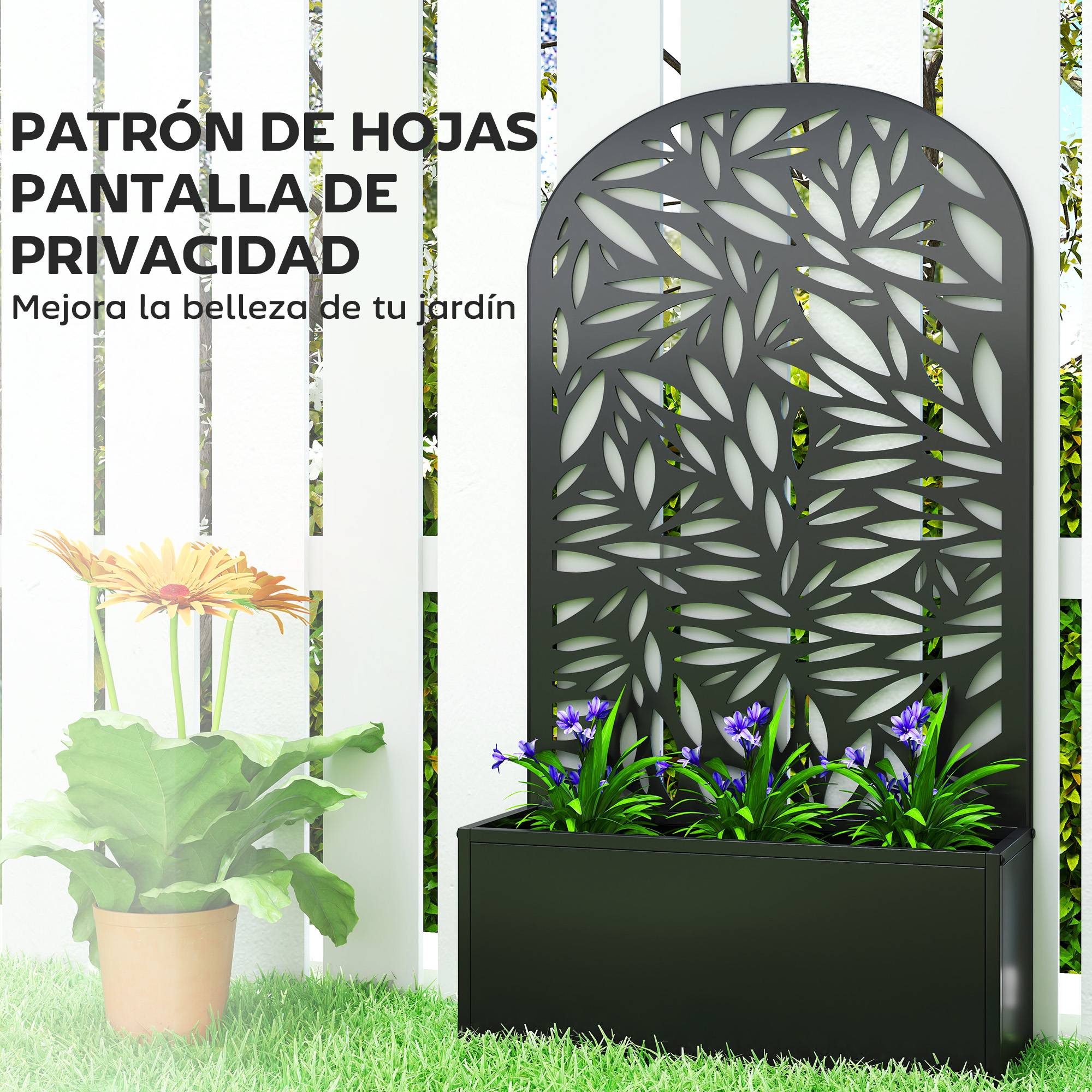 Jardinière avec brise-vue en métal incurvé et option de fixation murale 61 x 23 x 113 cm Noir - Image 8