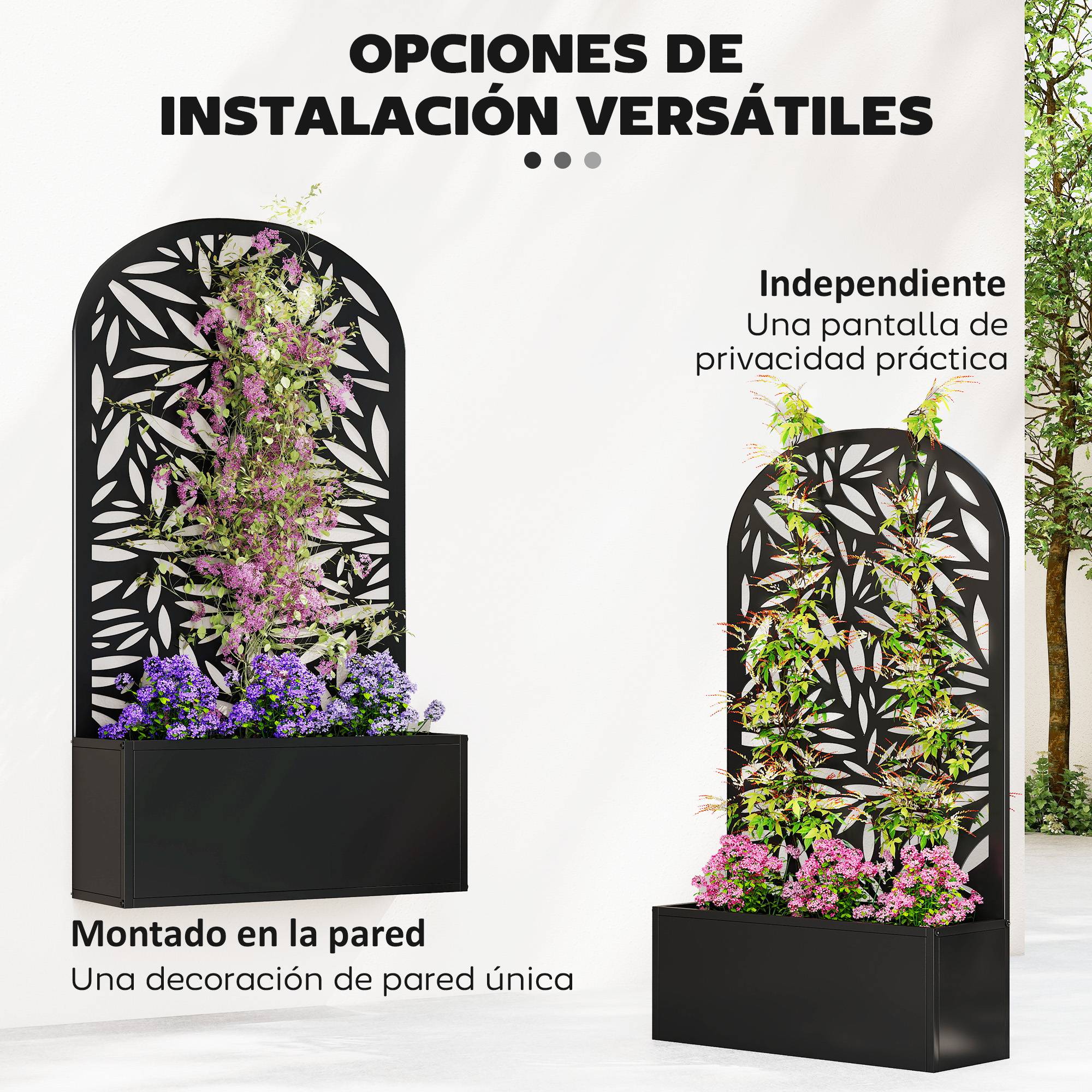 Jardinière avec brise-vue en métal incurvé et option de fixation murale 61 x 23 x 113 cm Noir - Image 7