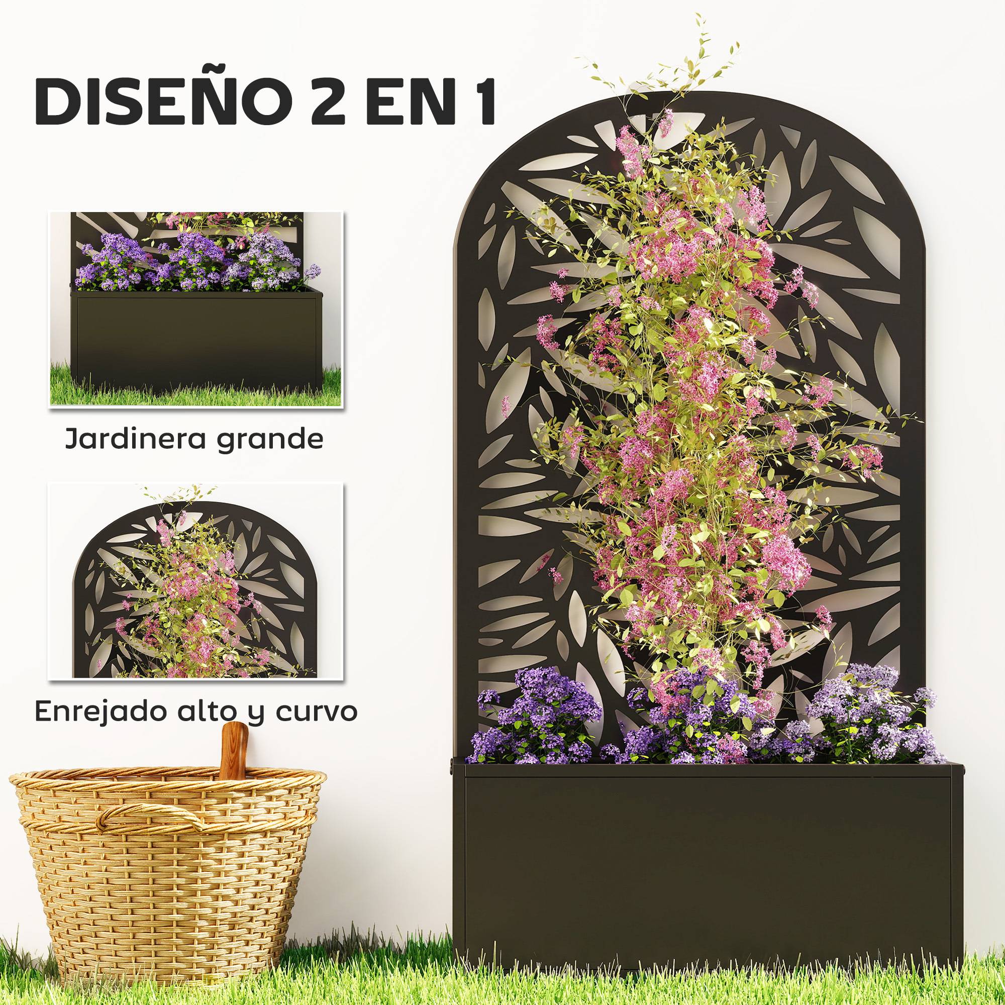 Jardinière avec brise-vue en métal incurvé et option de fixation murale 61 x 23 x 113 cm Noir - Image 6