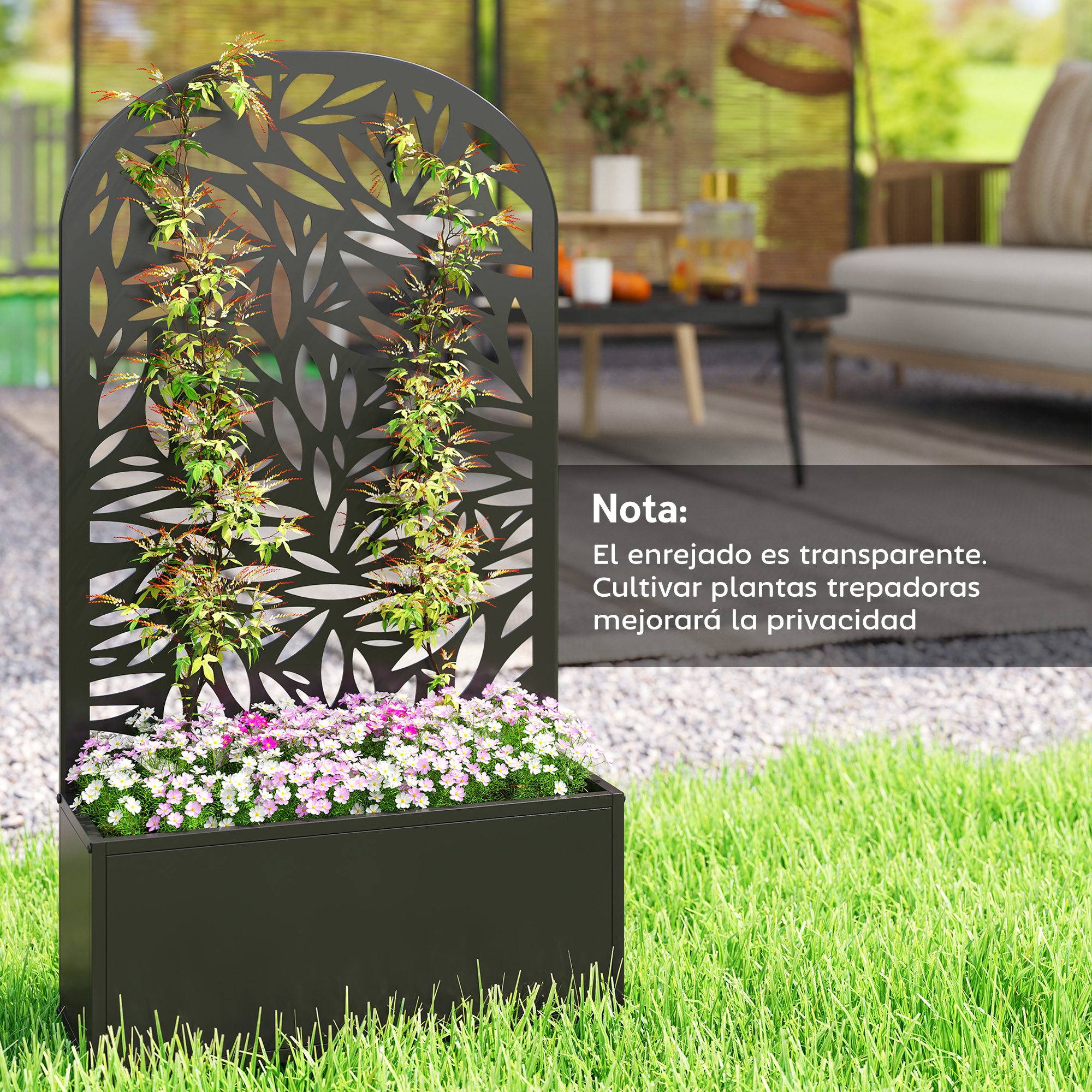 Jardinière avec brise-vue en métal incurvé et option de fixation murale 61 x 23 x 113 cm Noir - Image 10