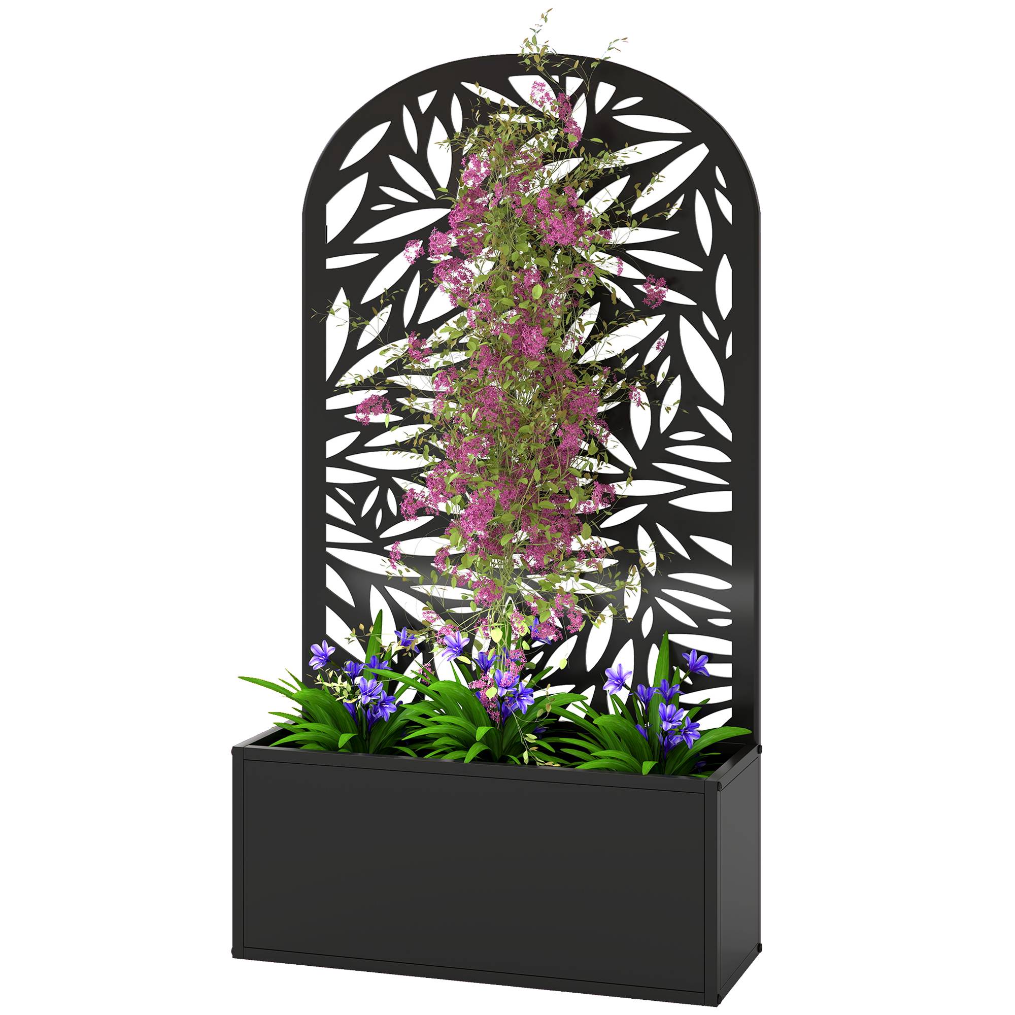 Jardinière avec brise-vue en métal incurvé et option de fixation murale 61 x 23 x 113 cm Noir - Image 2