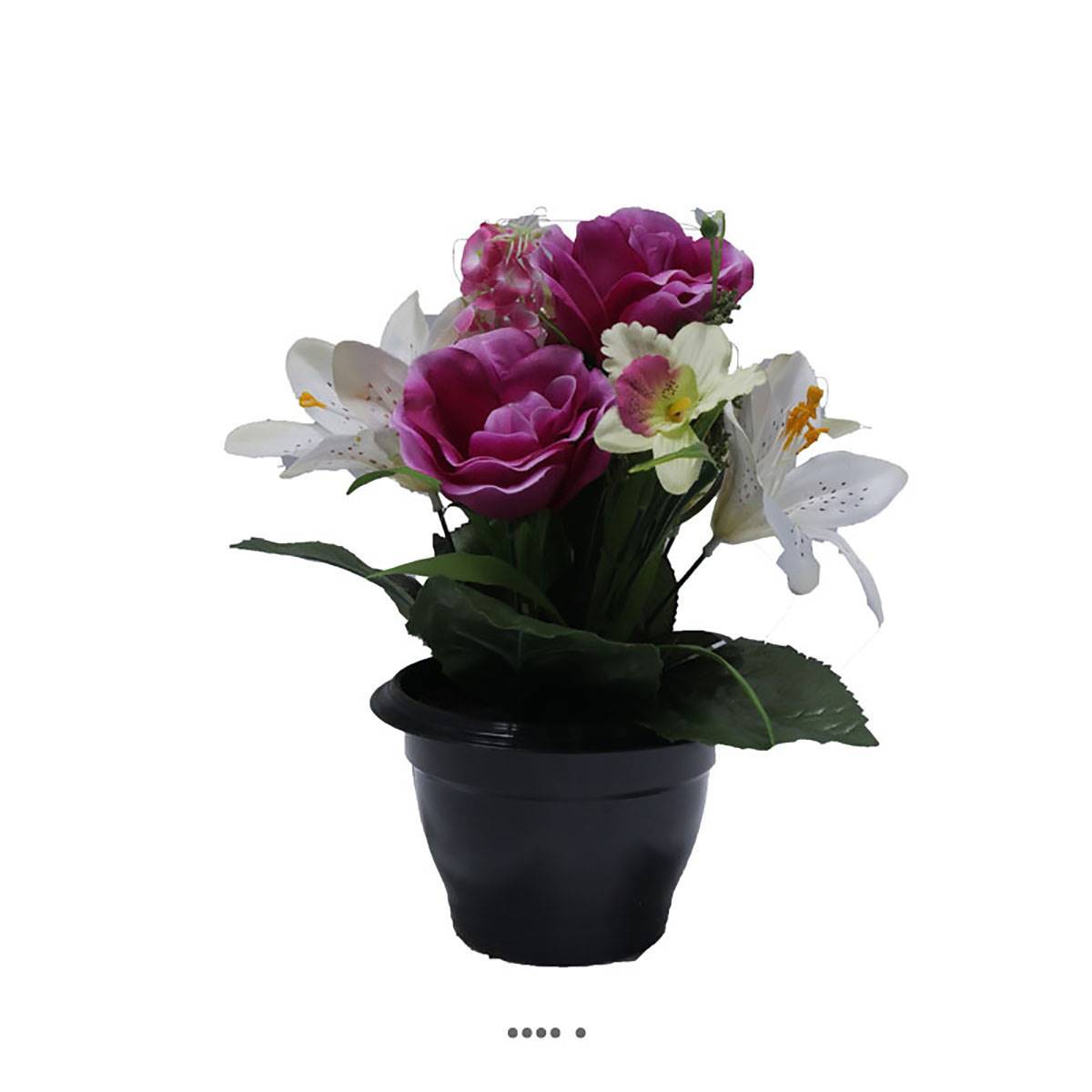 Composition fleurs artificielles cimetière pot roses lys arums H 28 cm D 25 cm Mauve violet - couleur: Mauve violet - Image 1