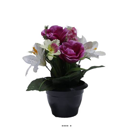 Composition fleurs artificielles cimetière pot roses lys arums H 28 cm D 25 cm Mauve violet - couleur: Mauve violet - Image 2
