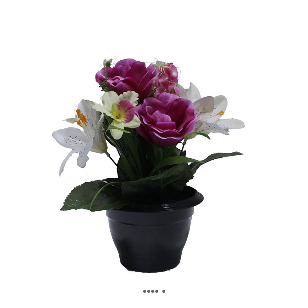 Composition fleurs artificielles cimetière pot roses lys arums H 28 cm D 25 cm Mauve violet - couleur: Mauve violet - Image 2