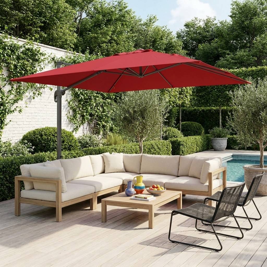 sweeek - Parasol déporté carré 3 x 3m haut de gamme - Falgos - rouge - Parasol excentré inclinable. rabattable et rotatif à 360°. | sweeek - Image 1