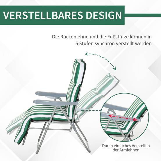 Chaises longues de jardin, lot de 2, pliables avec coussins, 60 x 75 x 102 cm, acier, vert et blanc - Image 6