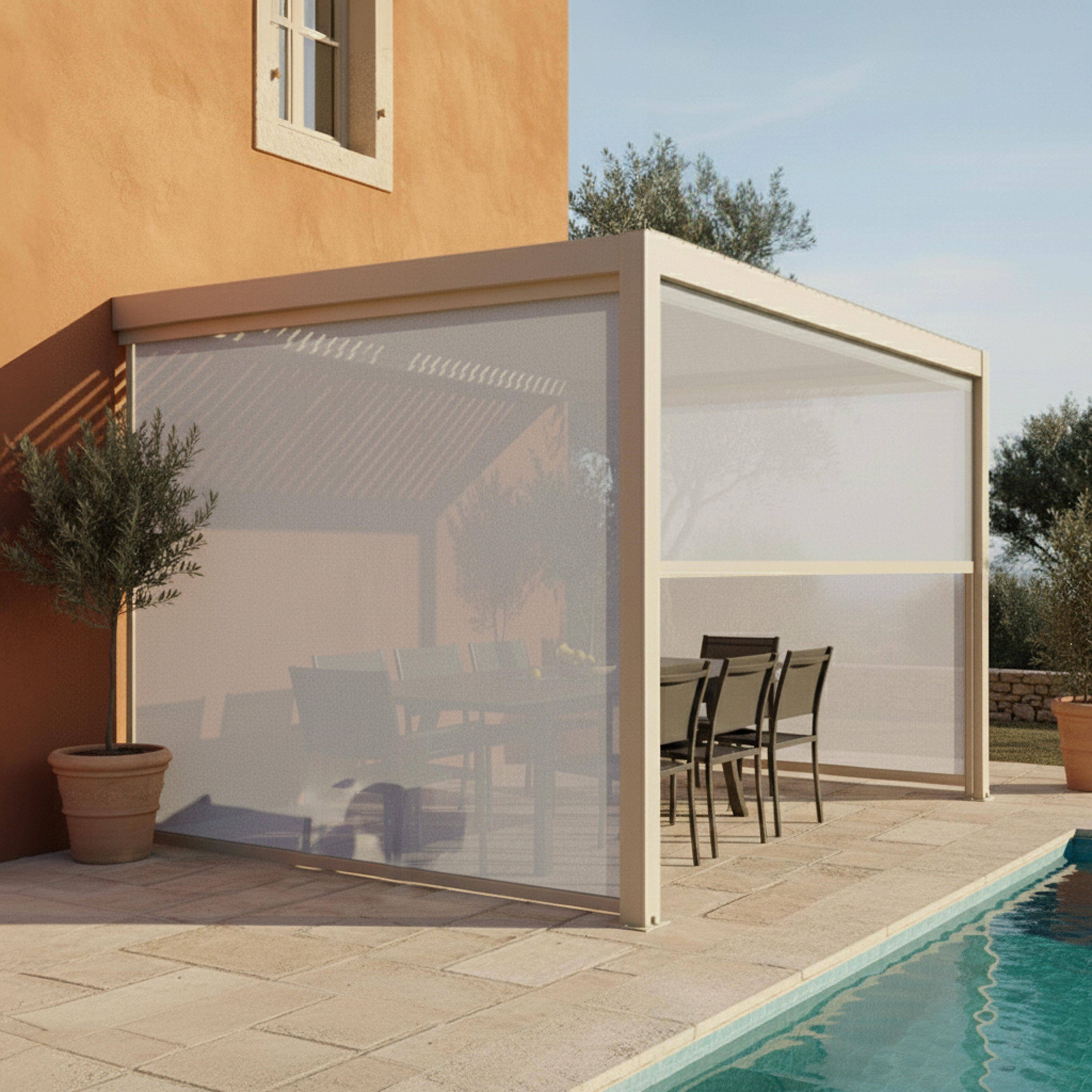 Oviala - Pergola bioclimatique adossée 3x4m et 3 stores bois crème Oia - Oviala - Image 1