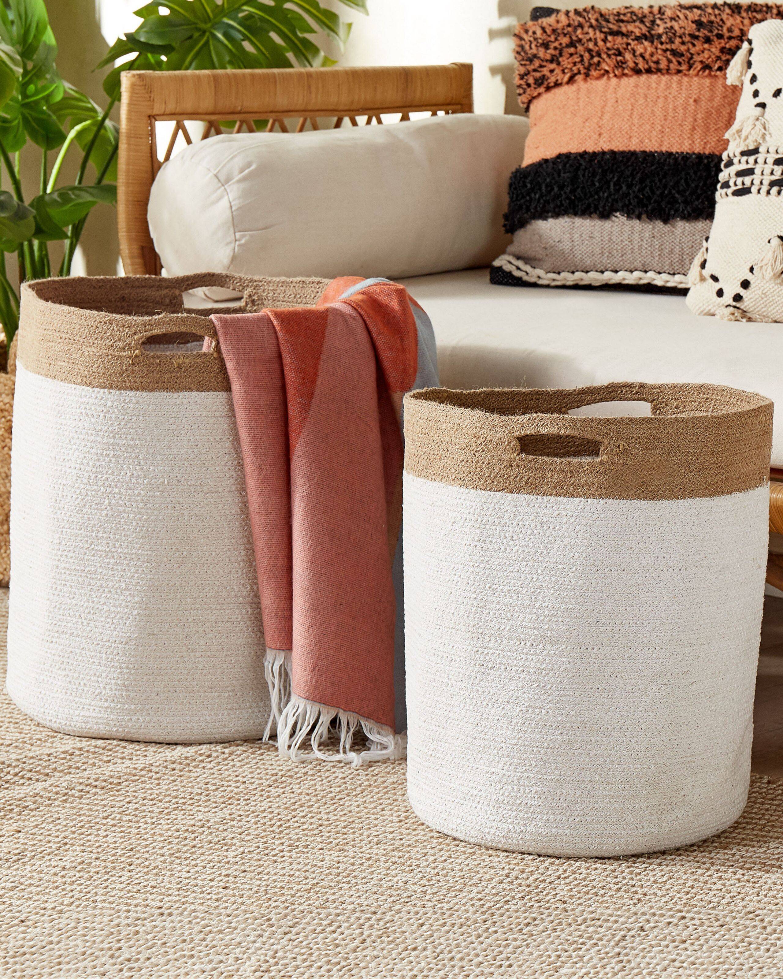 Lot de 2 Paniers de Rangement en Coton Tressée pour le Linge Blanc et Beige Clair Pour Rangement Boho Décoration - Image 2