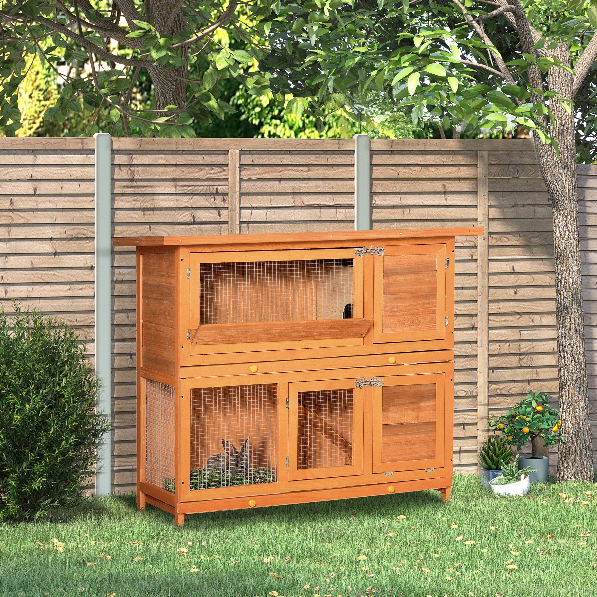Clapier d'extérieur en bois avec maison et enclos à 2 étages, 122 x 48 x 100 cm - Image 4